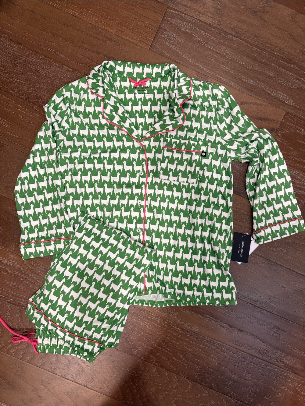 kate spade Green and White Houndstooth Pajama Set with Pink Trim Long Pants